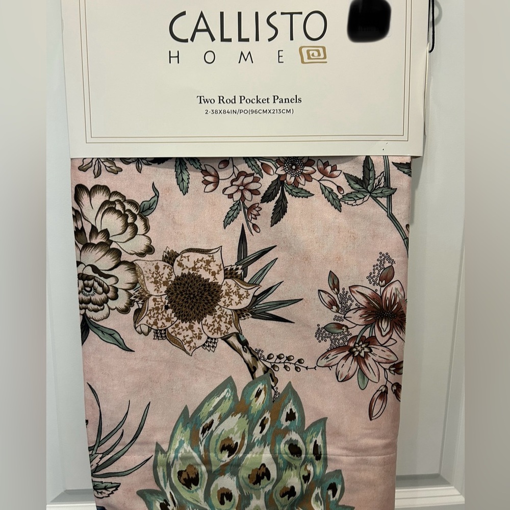 Callisto Home PEACOCK FLORAL Window Curtains 2 Panel 38x84 LIGHT BLUSH Pink
